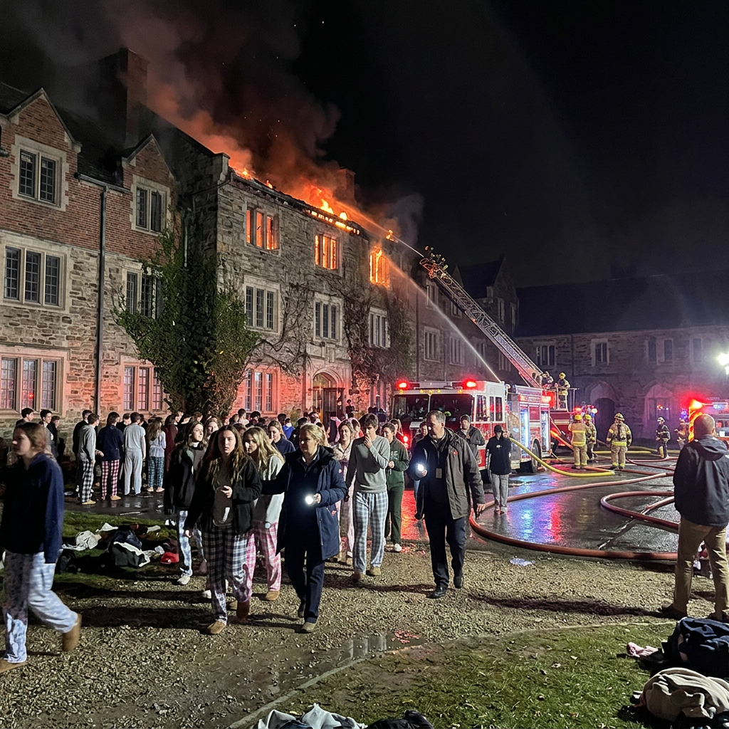 Students walking outside a stone dormitory building with flames and smoke on the roof while firefighters spray water from a ladder truck.
