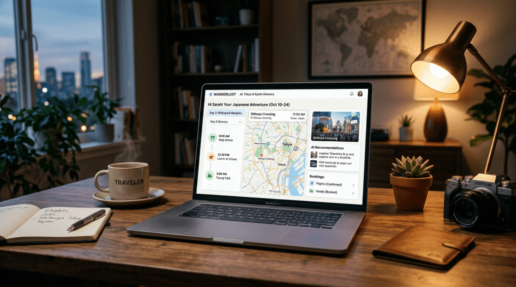 Laptop showing a Tokyo and Kyoto travel itinerary with map and schedule on wooden desk