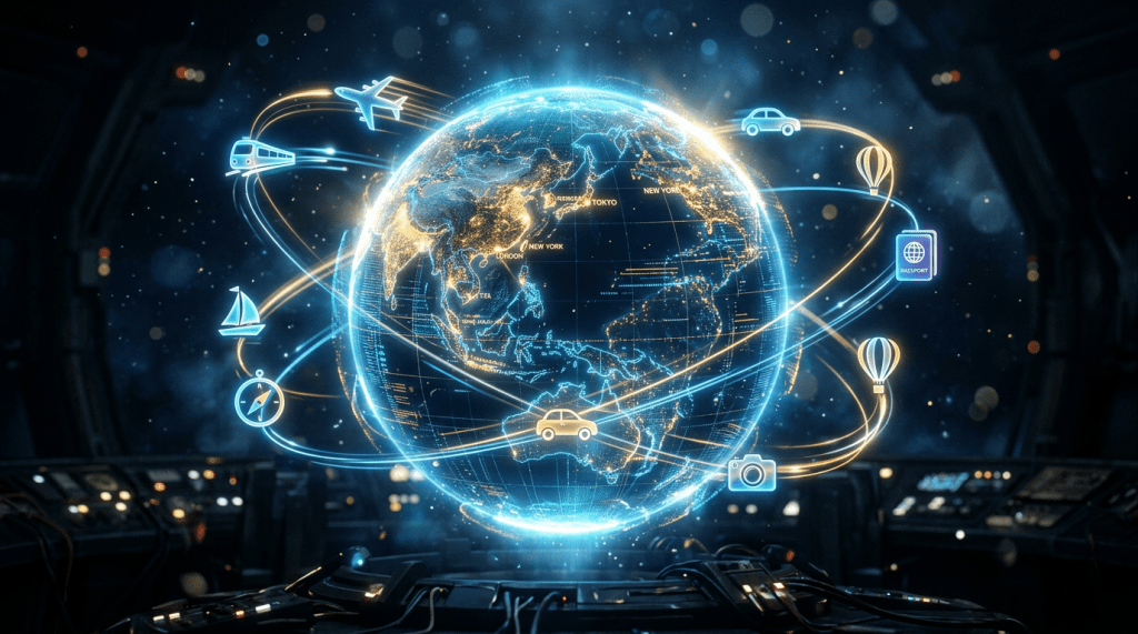 Digital globe with icons of airplane, train, car, boat, hot air balloon, compass, camera, and passport connected by glowing paths