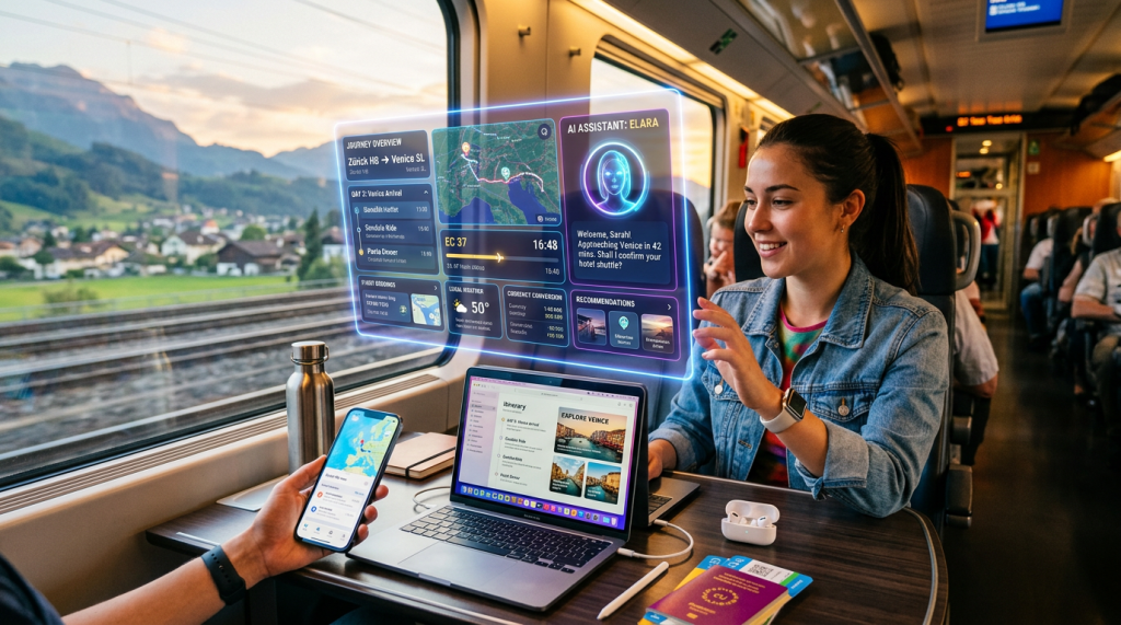 Woman interacting with AI travel assistant on train with phone and laptop showing trip details