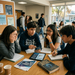 Four high school students studying artificial intelligence ethics at a table