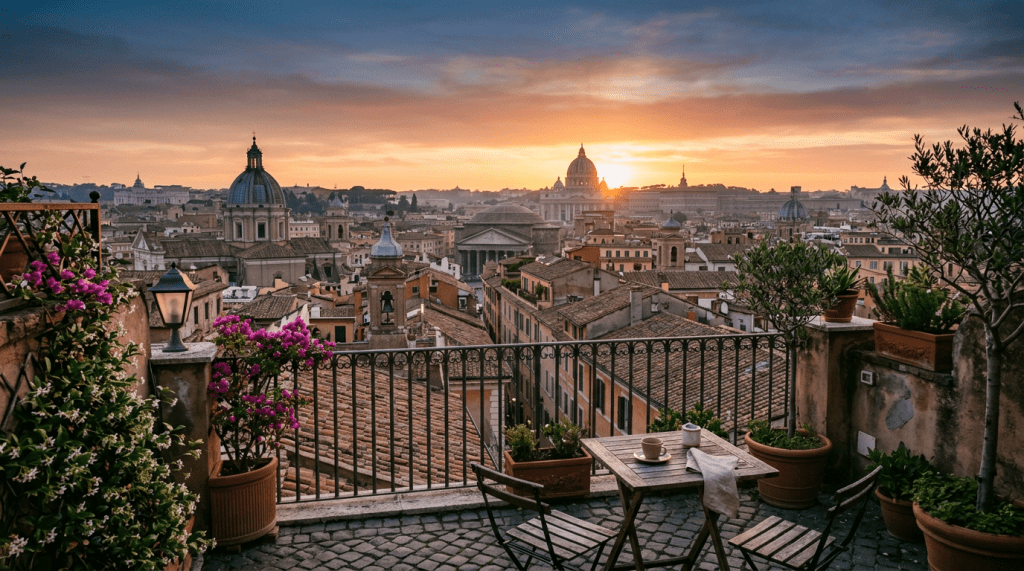 Terrace with table and chairs overlooking Rome rooftops and domes at sunset
