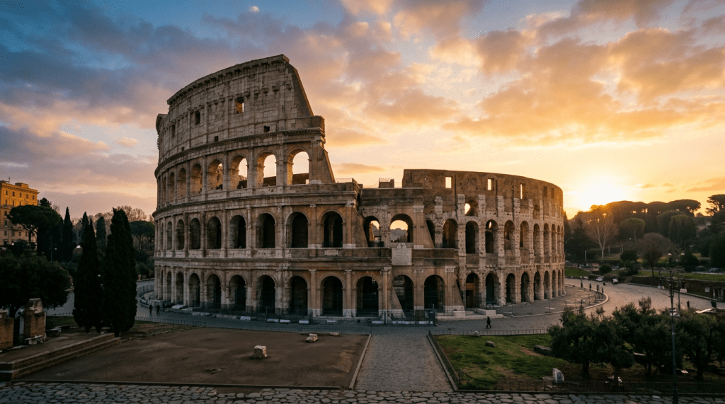 Ancient Roman Colosseum illuminated by sunset with scattered clouds