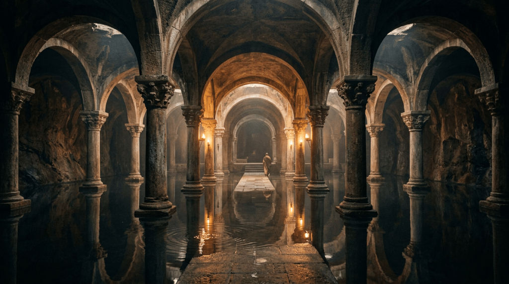 Stone columned crypt with water reflecting arches and a person walking on stone path