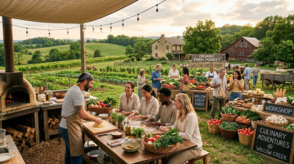 Group of people participating in an outdoor cooking workshop using fresh vegetables at an organic farm market
