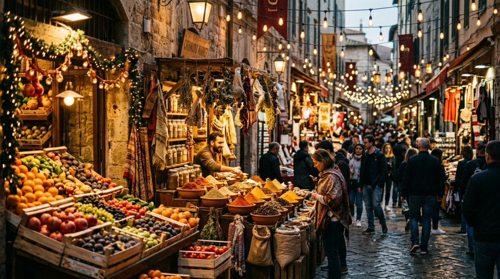 Outdoor market with various fresh fruits, spices, and shoppers browsing vendors