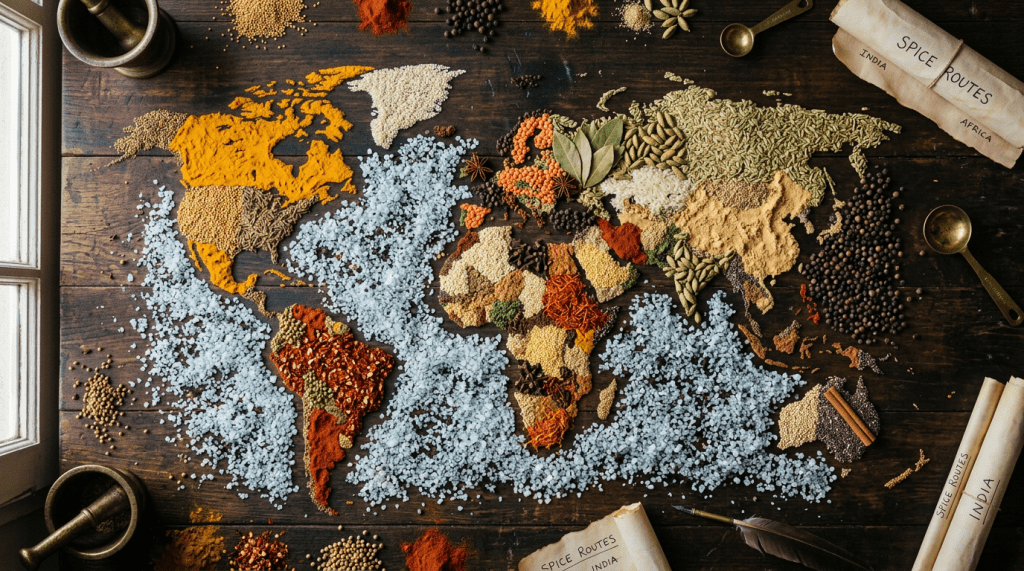 World map represented by spices and grains on wooden surface
