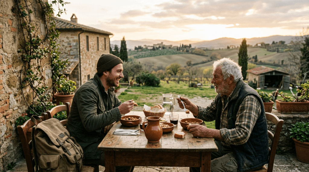 Two men eating a meal at a wooden table outside with hills and buildings in the background