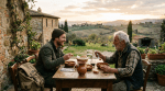 Two men eating a meal at a wooden table outside with hills and buildings in the background