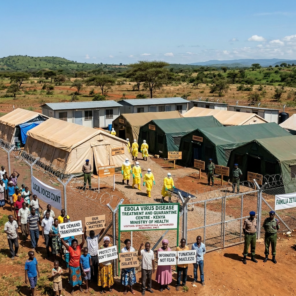 Healthcare workers in yellow protective suits walking inside an Ebola virus disease treatment and quarantine center in Kenya.