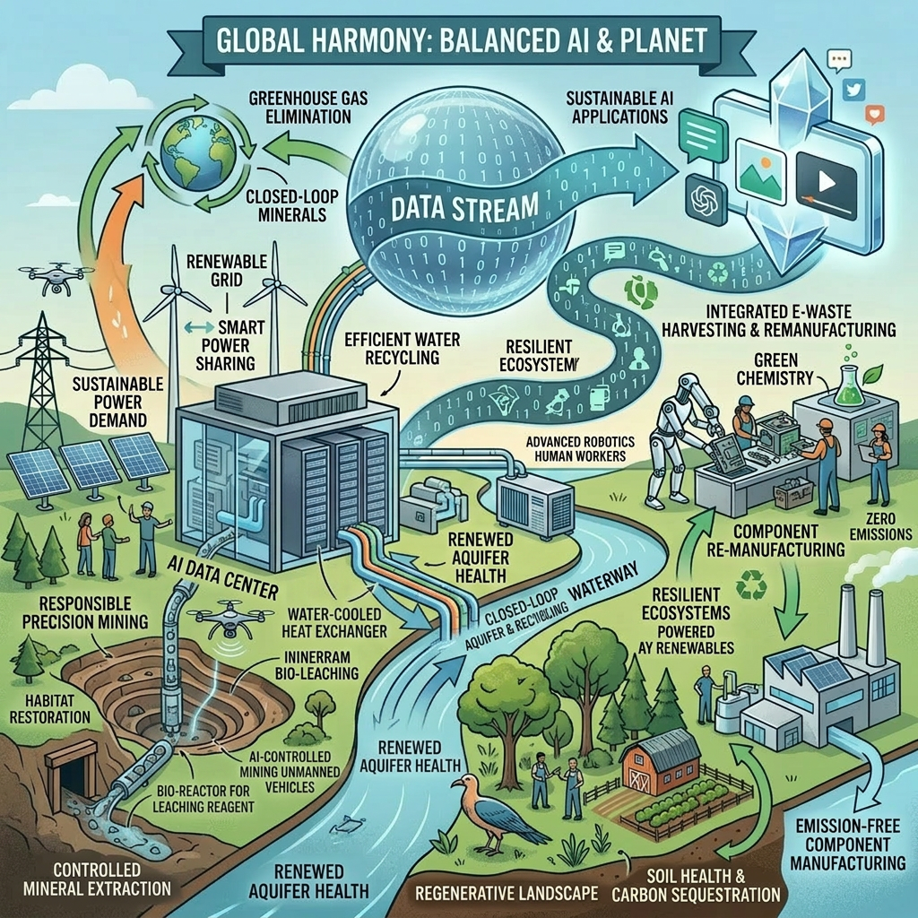 Diagram showing sustainable AI data center managing renewable energy, water recycling, responsible mining, and eco-friendly manufacturing.
