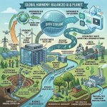 Diagram showing sustainable AI data center managing renewable energy, water recycling, responsible mining, and eco-friendly manufacturing.