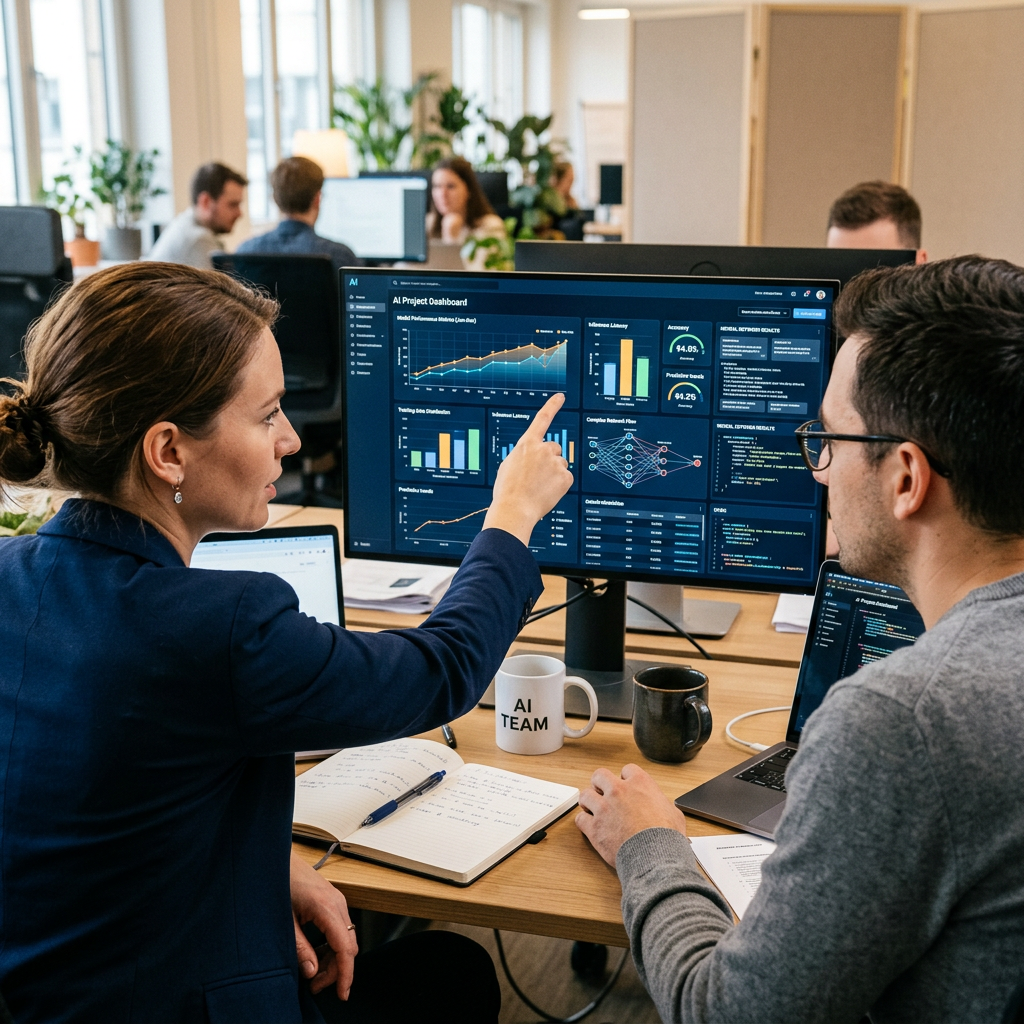 Two colleagues analyzing AI project dashboard data with charts and graphs on a computer screen