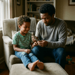 Father trimming fingernails of smiling young boy sitting on couch