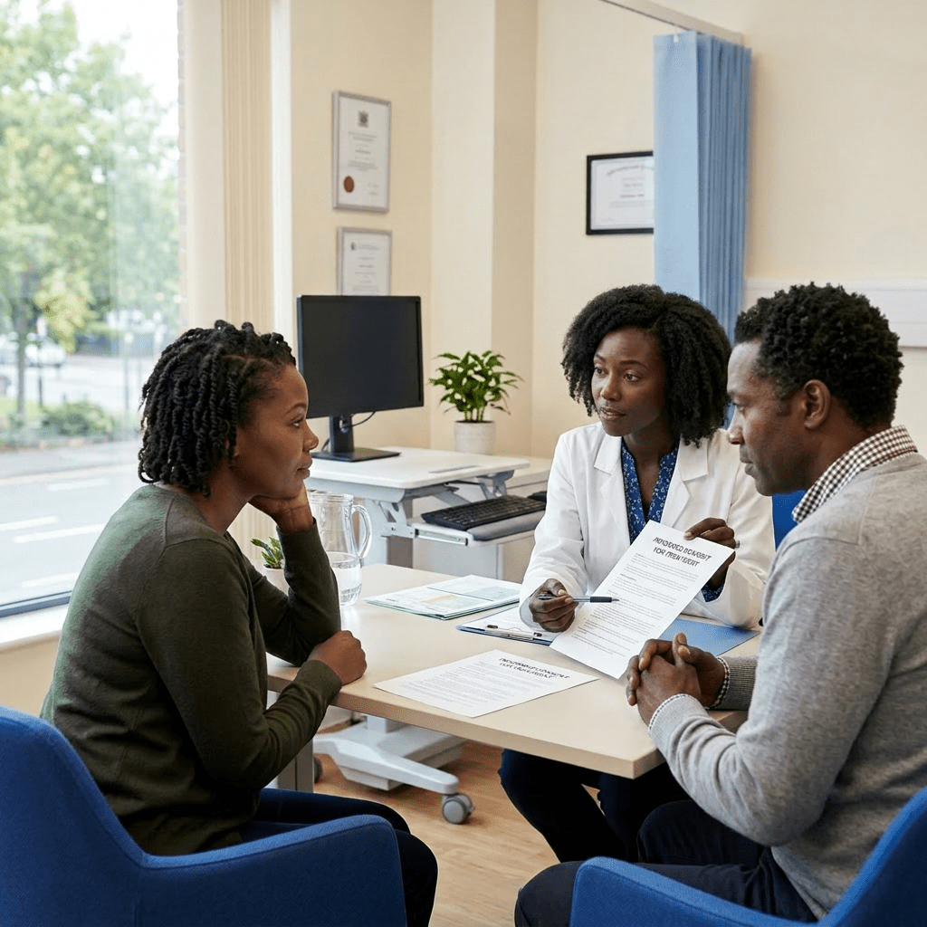 Doctor explaining treatment document to patient and partner in medical office
